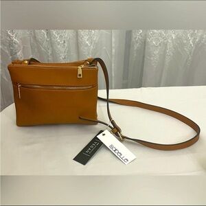 Brown Leather Metal Chain Strap Triple Compartment Crossbody